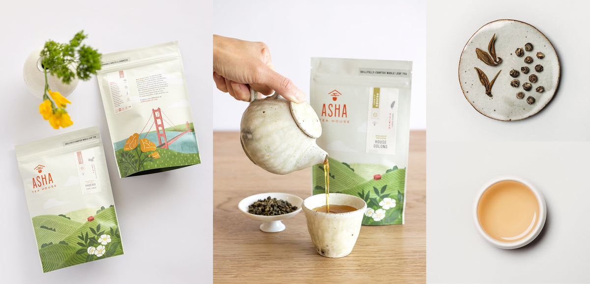 Tea packaging, brewing process, and tea leaves on a wooden surface.